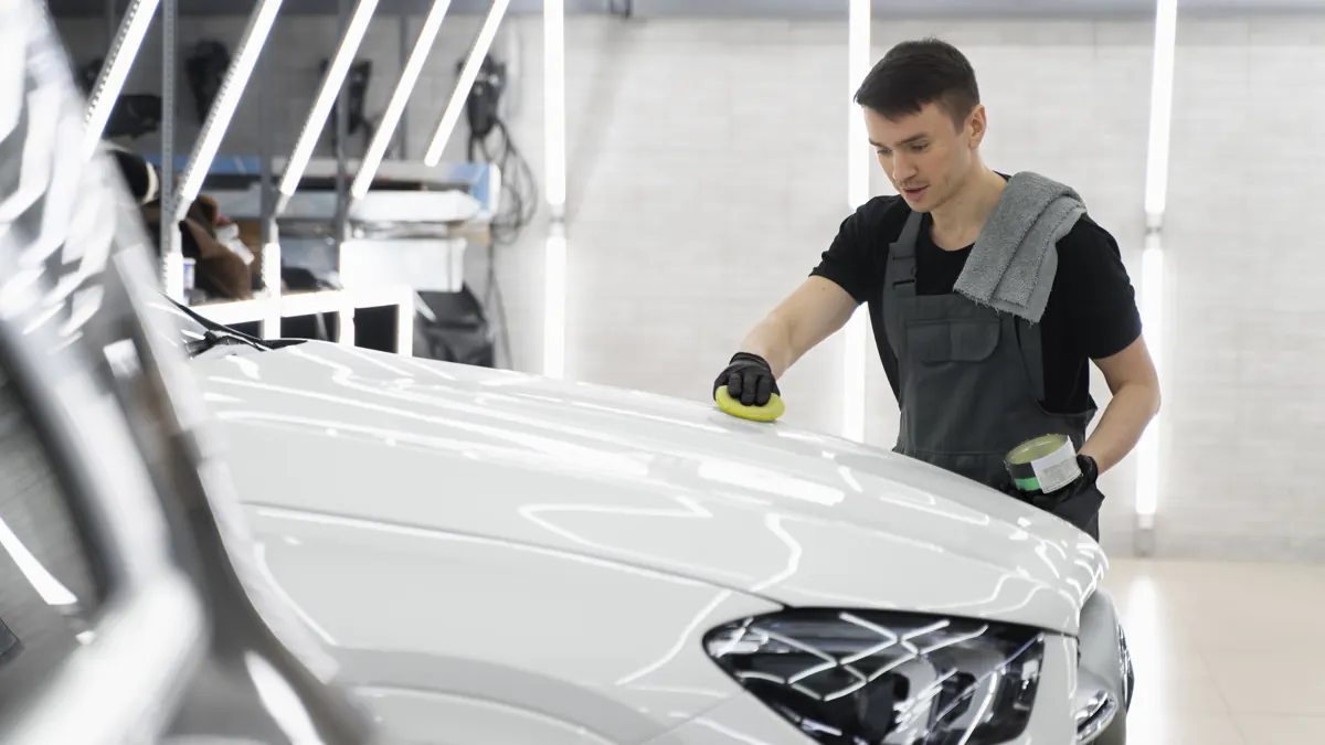 A technician polishing a white car